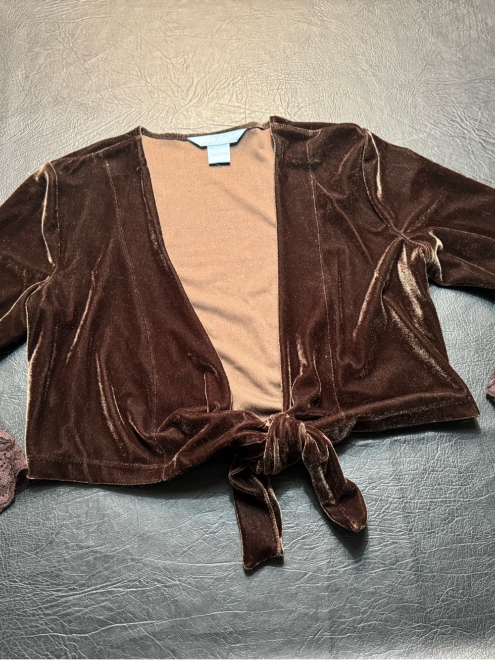 Y2K Chocolate Brown Velvet Tie Front Shrug Lace Sleeve Bolero S Festival Western